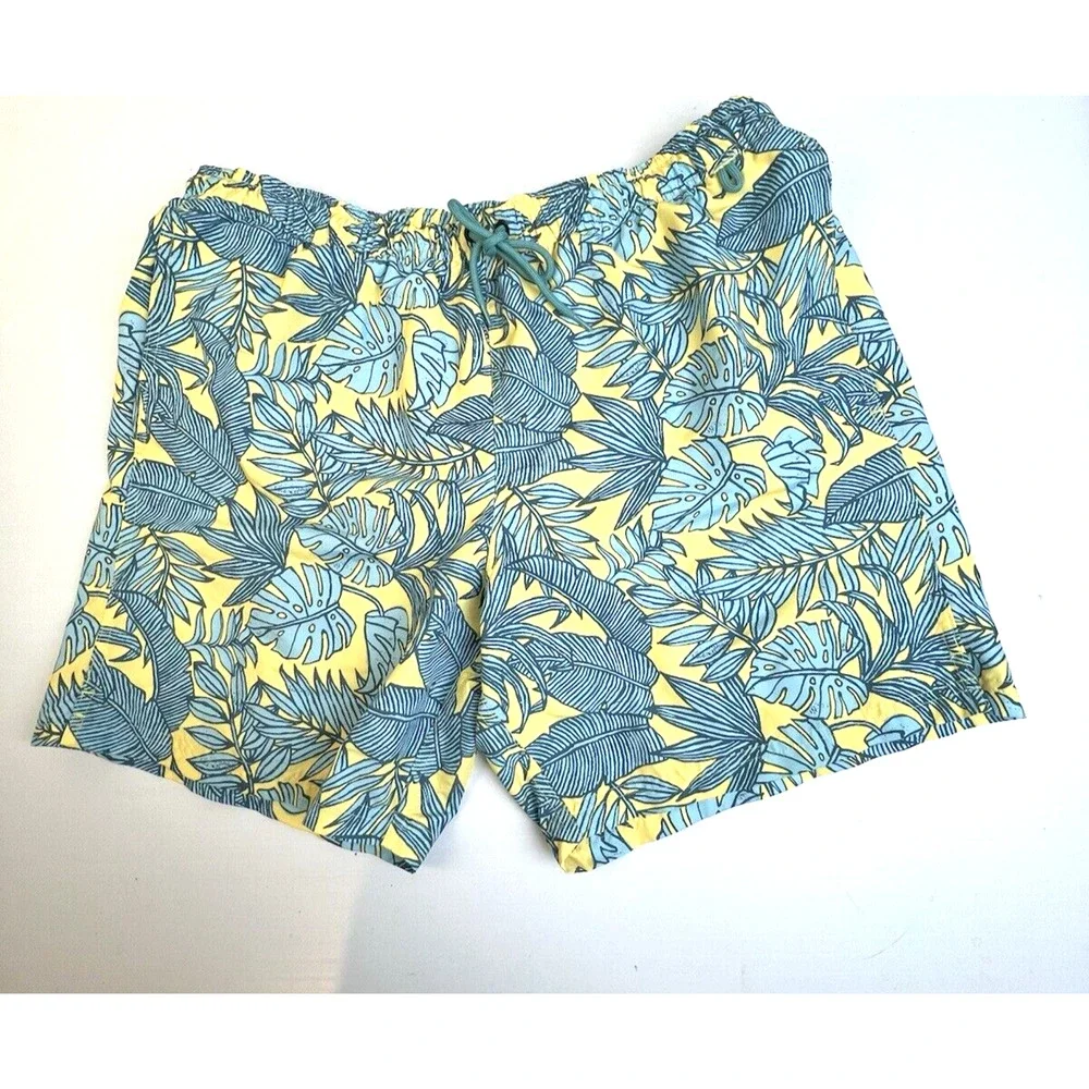 Eddie Bauer Swim Trunks Men's XL Yellow Blue Tropical Beach Pockets Drawstring